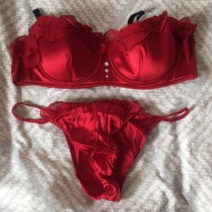 NWOT red silk ruffle bra and panty set